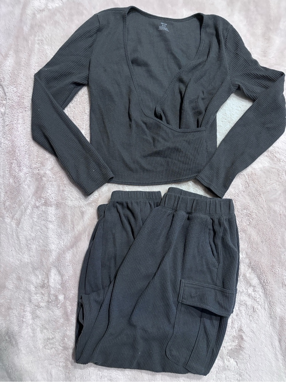 aerie Black Waffle-Knit Sweatpants & Long Sleeve Top Set